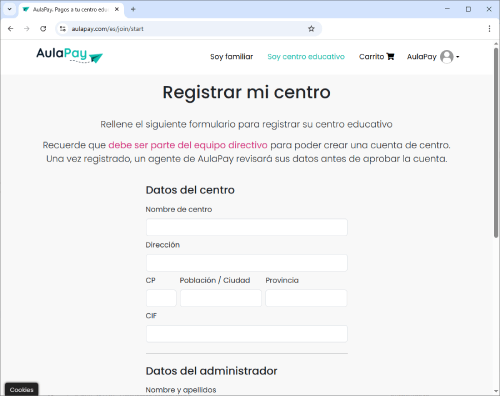 Registrar un centro educativo en AulaPay